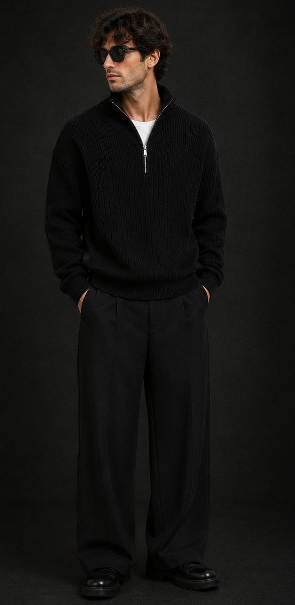 Model in the Devon Half-Zip in black with wide black trousers